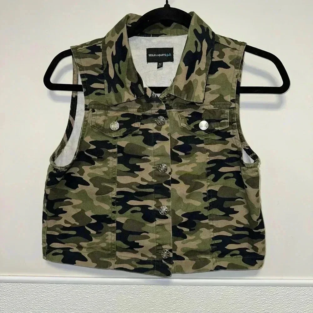 Sequin Hearts Girls Vest, XL, Camo